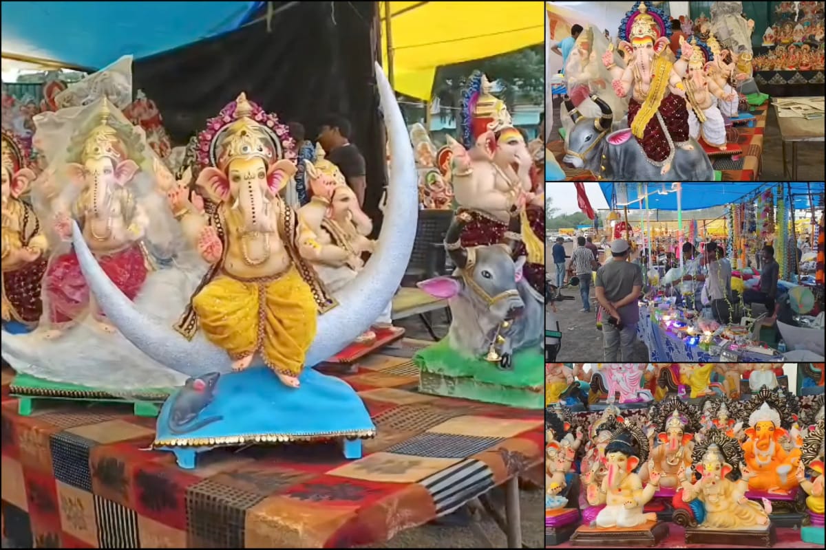 गणेश चतुर्थी से पहले तहसील ग्राउंड में सजा गणेश प्रतिमाओं का बाजार, मिट्टी की मूर्तियों की मांग